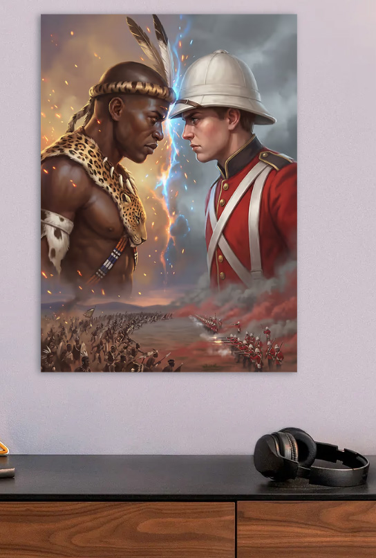 Zulu Warrior vs. British Soldier — metal poster wall art by Lineer